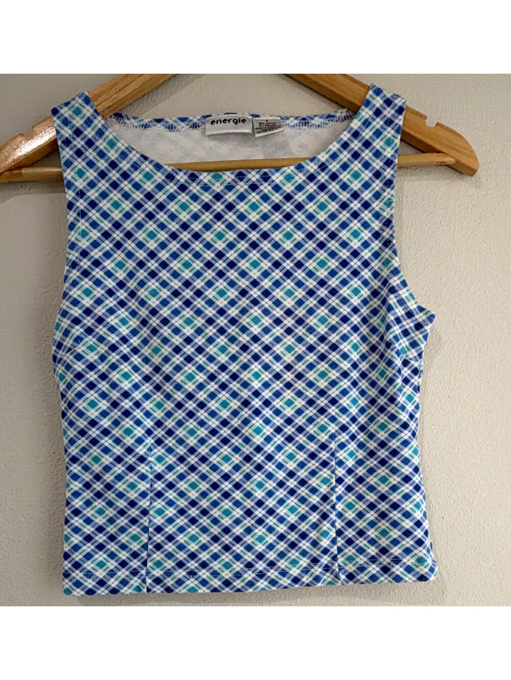 Vintage Energie Plaid Cropped Tank Top Blue Green White Square Neck Juniors M